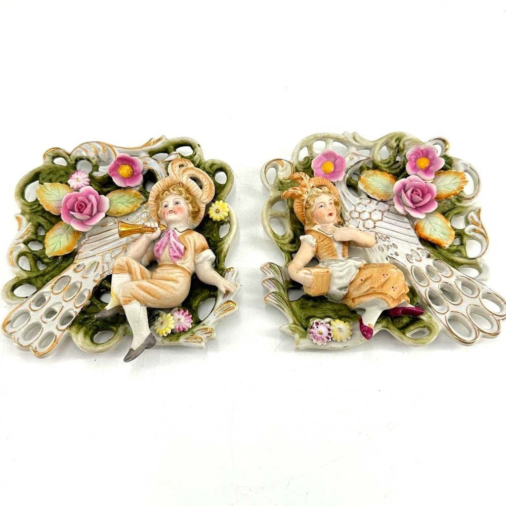 Vintage Victorian Cottagecore Shabby Chic Porcelain Floral Wall Decor Pair